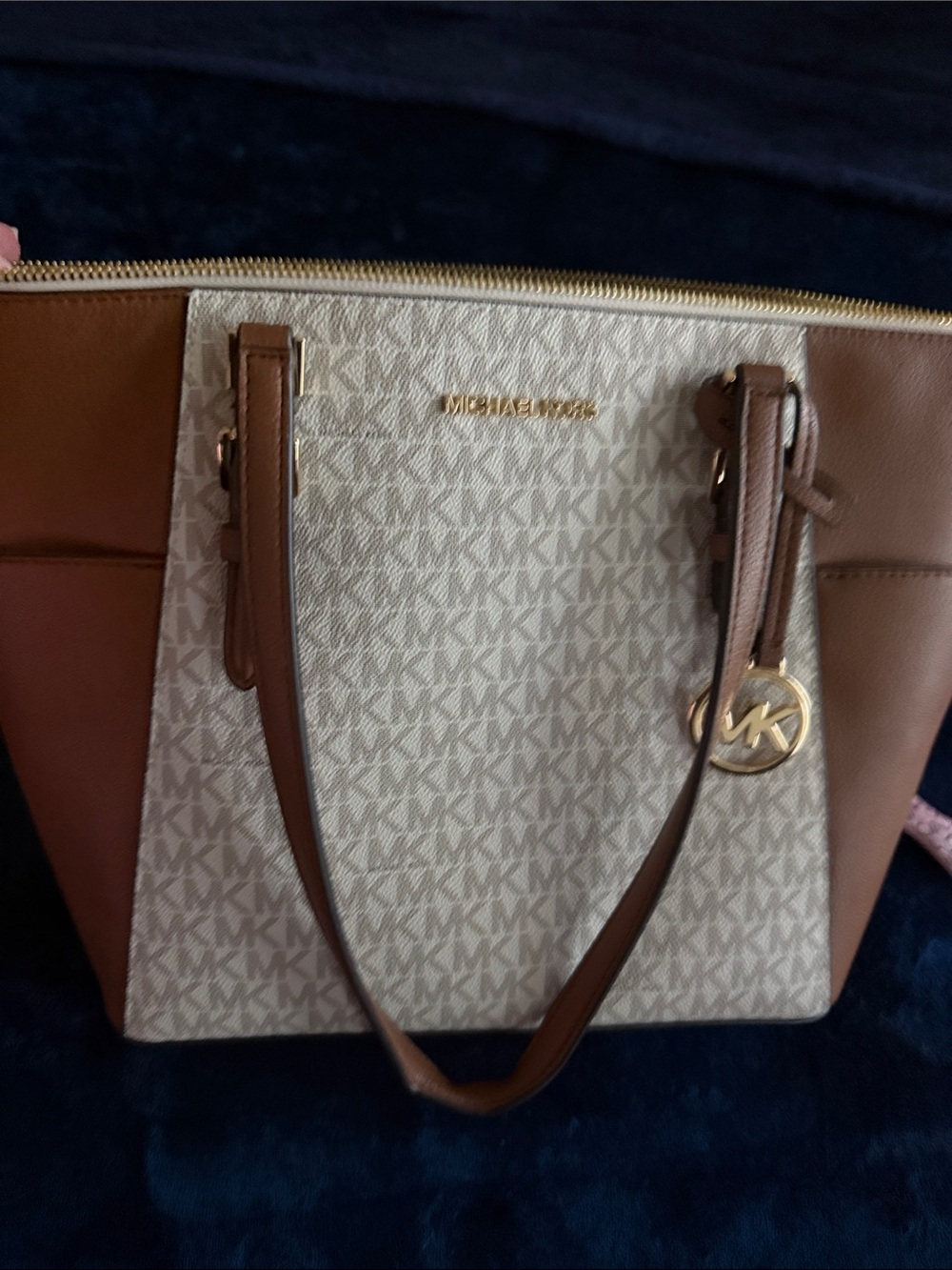 Michael Kors Beige and Brown Logo Tote with Gold Hardware